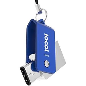 Iocol Twister USB C-stick, 32 GB dual, 2-in-1 functie, mini-USB 3.0 & type C, waterdicht en klein, draaibaar van metaal, ideaal voor sleutelhangers, 32 GB Flash Drive, geheugenstick in blauw