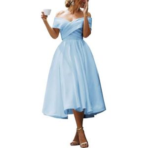 KURFACE Satijnen baljurk voor dames met zakken, A-lijn baljurk off-shoulder theelengte, formele feestjurk, Lichtblauw, 32