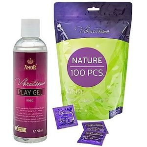 VIBRATISSIMO condooms Nature 100-pack & glijmiddelset I Condoombox extra vochtig I Condooms voor mannen I Dunne wanddikte & natuurlijke kleuren I Condooms met authentiek, ultradun gevoel I b=53mm