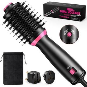 BKXCHA 3-in-1 Warmteluchtborstel Ronde Borstelhaardroger, Dubbele Spanning One-Step Ionische Haardrogerborstel, Draagbare Haardrogerborstel met 2 Snelheden en 2 Adapters, Volumizer voor Alle Haartypes
