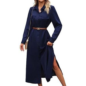 jurken voor dames Flap Detail Split Dij Flap Detail Shirt Jurk zonder riem (Color : Navy Blue, Size : M)