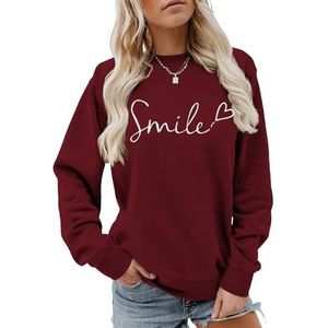 MLZHAN Smile Love Heart Print Vrouwen Sweatshirt Ronde Hals Lange Mouw Truien Herfst Winter Streetwear Causale Jas Tops, wijnrood, S