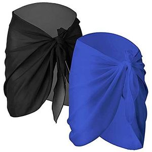 2 Pack Strand Sarong Wrap Badmode Chiffon voor Vrouwen - Bikini Cover Up Badpak Jurk Rok voor Vakantie Zwemmen Zwart+Blauw