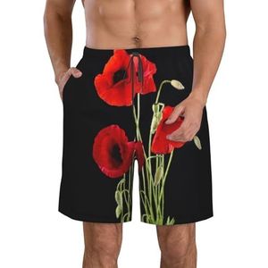 PHTZEZFC Strandshorts voor heren, rode bloemenprint, lichtgewicht, sneldrogend, zwembroek met trekkoord en zakken, Wit, L