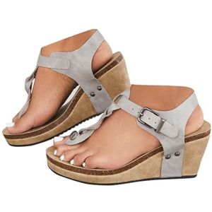 Geeylly Boho gevlochten T-riem sandalen kurk plateau wiggen, Grijs, 36 EU