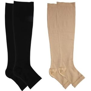 Compressiekousen voor dames & heren, Open teen, Kniehoge kuitsteunkousen met siliconenband, Vaste compressie 20-30 mmHg, voor spataderen, oedeem, diabetici,Tweedelig zwart en huidskleurig