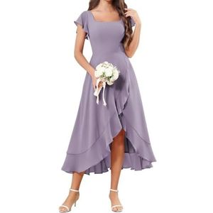 Korte Mouw Bruidsmeisje Jurken voor Bruiloft Hoge Lage Chiffon Formele Avond Party Maxi Gown Thee Lengte AH157, Wisteria, 32