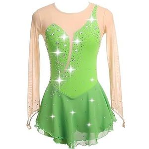 UPPJPBSW Meisjes Turnpak Met Lange Mouwen Voor Kunstrijden Met Glanzende Strasssteentjes, Dames Artistiek Gymnastiek Chiffon Jurk Met Lange Mouwen, Geschikt Voor Optredens En Wedstrijden,Groen,3XL