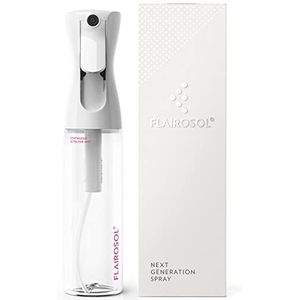 FLAIROSOL Original Sprayer, 300 ml ultrafijne nevelverstuiver, 0,3 mm fijne verneveling, salon, kunstverzorging, stille spuitfles, origineel gepatenteerd ontwerp (transparante fles, roze opdruk)