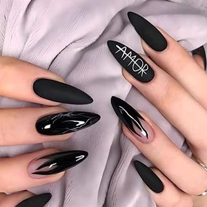 24 stuks bloem stiletto nepnagels lange, groene Franse patronen, mooie amandel voor vrouwen, acryl extra lange kunstnagels lang voor nail art zwart & stiletto4