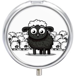 Cartoon Zwart Wit Schaap Pillendoos Reizen Pil Case voor Portemonnee Pocket Wekelijkse Geneeskunde Organizer met Spiegel 3 Compartiment Ronde Medicijnkoffer Draagbare Pillenhouder voor Dagelijks