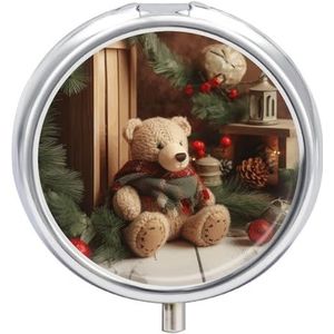 Ronde pillendoos kerstboom tak beer pop print 3 compartiment geneeskunde pil case print pil organisator decoratieve metalen draagbare pillendoos zak pillendoos