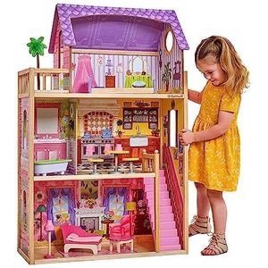 Kidkraft 65092 Poppenhuis Kayla, Houten Poppenhuis Inclusief Meubilair En Accessoires, 3 Verdiepingen, Hoge Speelset Voor Poppen Van 30 cm, Meerkleurig, 73.66 x 33.66 x 114.3 cm