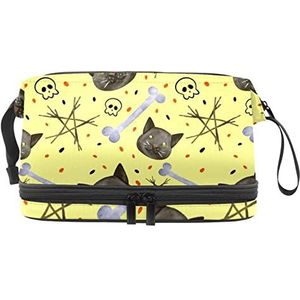 Grote capaciteit reizen cosmetische tas, Halloween kat & botten patroon-01, make-up tas, waterdichte make-up tas organisator, Meerkleurig, 27x15x14 cm/10.6x5.9x5.5 in