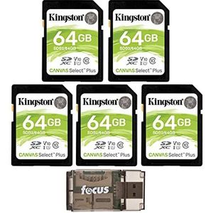Kingston 64GB SDHC Canvas Select Plus Memory Card (5-Pack) with Focus High Speed Card Reader Bundle (6 Items)