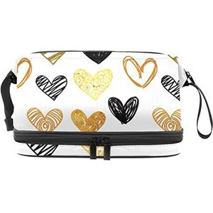 Grote capaciteit reizen cosmetische tas,Make-up tas,Waterdichte make-up tas Organizer, handgeschilderde gouden zwarte harten, Meerkleurig, 27x15x14 cm/10.6x5.9x5.5 in