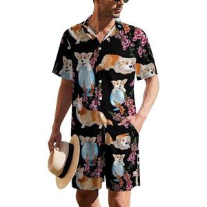 Mooie Royal Corgi Hawaiiaanse pak voor heren, set van 2 stuks, strandoutfit, shirt en korte broek, bijpassende set