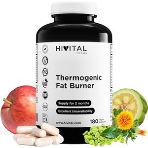 Thermogene Vetverbrander. 180 veganistische capsules voor 2 maanden kuur. Op basis van L-Carnitine, CLA, Groene Koffie, Garcinia Cambogia, Glucomannan, Appelciderazijn en Zwarte Peper. Van HIVITAL