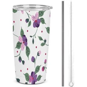 Camping Cups Paars Bloempatroon Gedrukt Reizen Mok Geïsoleerde Tumblers Roestvrij Staal Geïsoleerde Reismok met Deksel Morsbestendige Auto Tumbler Cup voor Koffie Thee Thermos Houdt Dranken Stomen