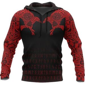 Viking Odin's Raven Huginn en Muninn Hoodie - Noorse Mythologie Symbool Tattoo Sweatshirt, Vintage Casual Pullover(Red,5XL)