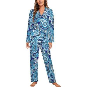 Blauwe Paisley Patroon Vrouwen Pyjama Sets Tweedelige Button Down Nachtkleding Lange Mouw Top En Broek Loungewear