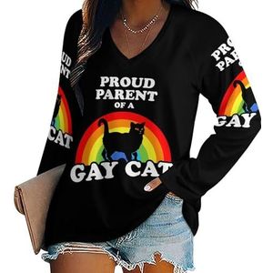 Trotse ouder van een homoseksuele kat vrouwen casual T-shirts met lange mouwen V-hals gedrukte grafische blouses Tee Tops 4XL