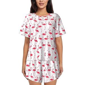 RIVETECH Pyjama met rode flamingopatroon voor dames met korte mouwen - comfortabele korte sets, nachtkleding met zakken, Zwart, XL