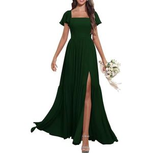 KURFACE Dames fladdermouwen V-hals chiffon bruidsmeisjesjurken met split geplooide lange avond formele feestjurk, Emerald Groen, 32