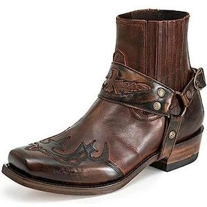 Heren Cowboy Western Laarzen, Vintage PU Lederen Puntige Teen Mid-Heel Enkellaarsjes Combat Boots Paardrijden Ruiterlaarzen 38-48,Dark brown,43