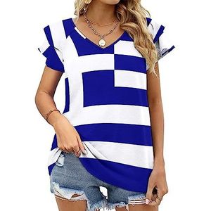 Griekse vlag dames casual tuniek tops ruches korte mouwen T-shirts V-hals blouse T-shirt