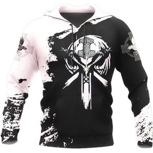 Viking Hoodie voor Heren, 3D-print Odin's Raven en Thor's Hammer-afbeelding, Noorse Mythologie Pullover Sweatshirt(Black,5XL)
