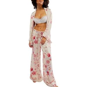 Dames Zomer Klassieke Knoopjes Lange Satijnen Zijden Pyjama Set(White red flowers,Small)