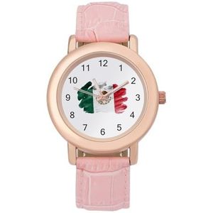 Vintage Mexico Vlag Vrouwen Horloge PU Strap Polshorloge Quartz Roze Valentijnsdag Gift