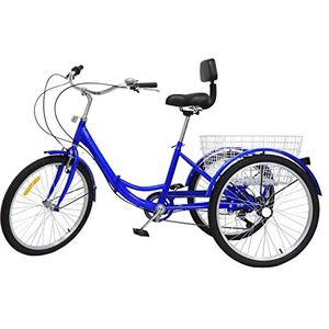TRIEBAN 24 inch driewieler met 3 wielen voor volwassenen, seniorentrike met boodschappenmand, 7 versnellingen, opvouwbaar, inklapbare 3-wielfiets boodschappenmand en verlichting (blauw)