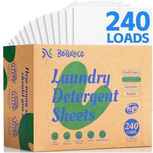 BellaLuce Waswasmiddel vellen krachtige reiniging - 240 ladingen Eco wasstrips geen plastic kan ongeparfumeerd vloeistofloos ruimtebesparend voor thuis reizen camping slaapzaal geconcentreerde