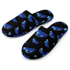 Blauwe Retro Paard Silhouet Volledige Print Womens Slippers Warme Anti-Slip Rubber Zool Huis Schoenen Voor Indoor Hotel