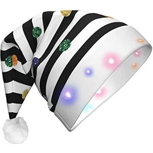 WURTON Regenboog Polka Dot Stripe Zwart-wit Print Kerst Hoed, Led Lights Kerstman Hoed Voor Unisex, Nieuwjaar, Xmas Holiday Party Supplies