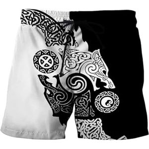 Nordic Viking Wolf Tattoo Shorts - Nieuwe 3D Totem Print Odin's Crow Fenrir Harajuku Street Sports Shorts Voor Heren - Zomerzak met Trekkoord Sneldrogende Shorts (Color : Fenrir C, Size : S)