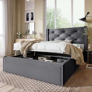 Aunvla Hydraulisch eenpersoonsbed, gestoffeerd bed, 90 x 200 cm, bed met lattenbodem van metalen frame, modern bedframe met opbergruimte, katoen, grijs, WW31105058-3
