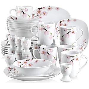 VEWEET Annie, porseleinen combiservies, 40-delig, servies voor 8 personen, ontbijtservies met elk 8 eierdopjes, koffiebekers 350 ml, mueslikommen, dessertborden en platte borden