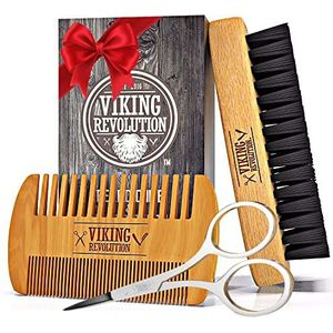 Viking Revolution - Baardborstel voor mannen - Natuurlijk varkenshaar en dubbele actie perenhouten kammen - 3 stuks