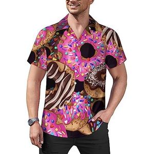 Regenboog Donuts Heren Casual Button-Down Shirts Korte Mouw Cubaanse Kraag Tees Tops Hawaii T-shirt L