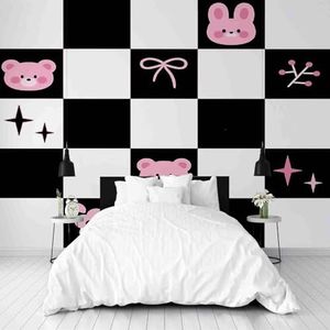 Dppyuxa Cartoon Animal Bear 3D behang dambord zwart en wit panoramisch vliesbehang 150 x 105 cm indoor wanddecoratie voor woonkamer en kinderkamer