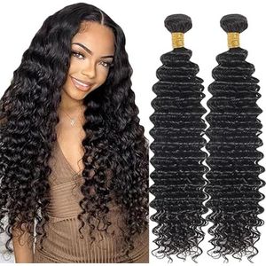 Lakaisa Deep Wave Human Hair Bundles Sew in Hair Natural Black Real Hair Extensions 2 Bundles 100% Unprocessed Brazilian Virgin Hair No Smell for Woman 34 34 Inch