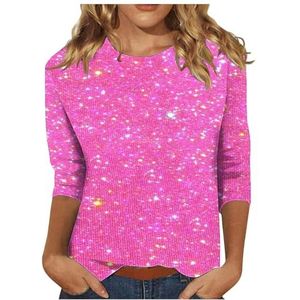 Vrouwen Trendy Kleurrijke Glanzende Gedrukt Sparkly Festival Party Shirt Blouse Dames Trendy Comfortabele Ronde Hals 3/4 Mouw Shining Glitter Top Blouse Sale, roze (hot pink), XXL