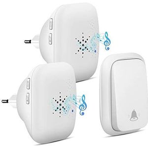 PDGROW Draadloze deurbel, batterijloze deurbel, insteken, draadloze huisbelset, waterdichte draadloze huisbel, 2 ontvangers met 500 FT bereik, 38 beltonen, 4 volumeniveaus en led, wit