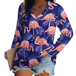 Flamingo Vogel en Tropische Bladeren Dames Lange Mouw V-hals T-shirts Herfst Tops Trui Tuniek Tee voor Leggings