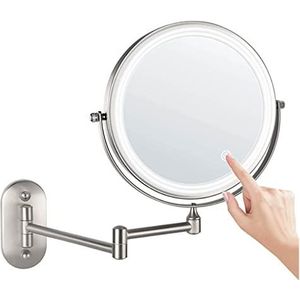 Make-up spiegel voor aan de muur, 20 cm, verstelbaar led-touchscreen, met 3 kleurrijke lichten, make-upspiegel aan beide zijden 1X/5-voudige vergroting, draaibaar uittrekbaar (kleur: mat nikkel,