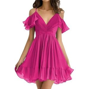 WSEYU Chiffon bruidsmeisjes jurken kort off-shoulder A-lijn ruches geplooide prom avondjurk, roze (hot pink), 36