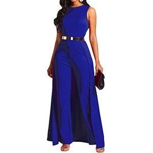 VERWIN Effen jumpsuit met lapjespatroon en versieringen voor dames, met hoge taille, vrouwelijke romper, Blauw, M